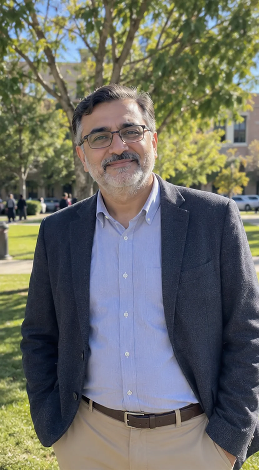 Parent in their 50s with glasses and a grey beard, in a charcoal blazer and light-blue shirt.