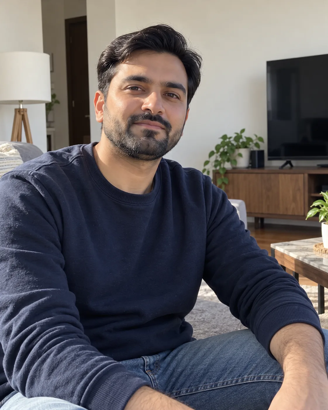 Man in a navy sweater sitting in a living room, an ordinary photo taken at home.