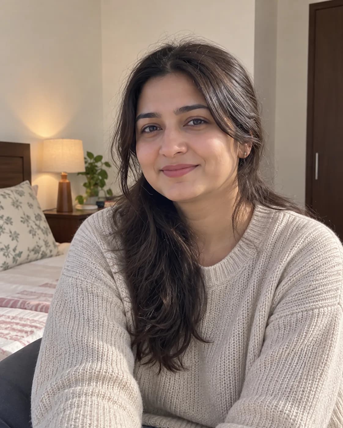 Woman in a cream sweater in a bedroom, an ordinary photo taken at home.