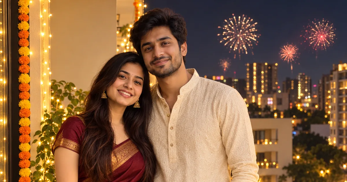 Smiling couple on a diya-lit balcony at night, she in a maroon silk saree and he in an ivory kurta, with marigold garlands and fireworks over the city.