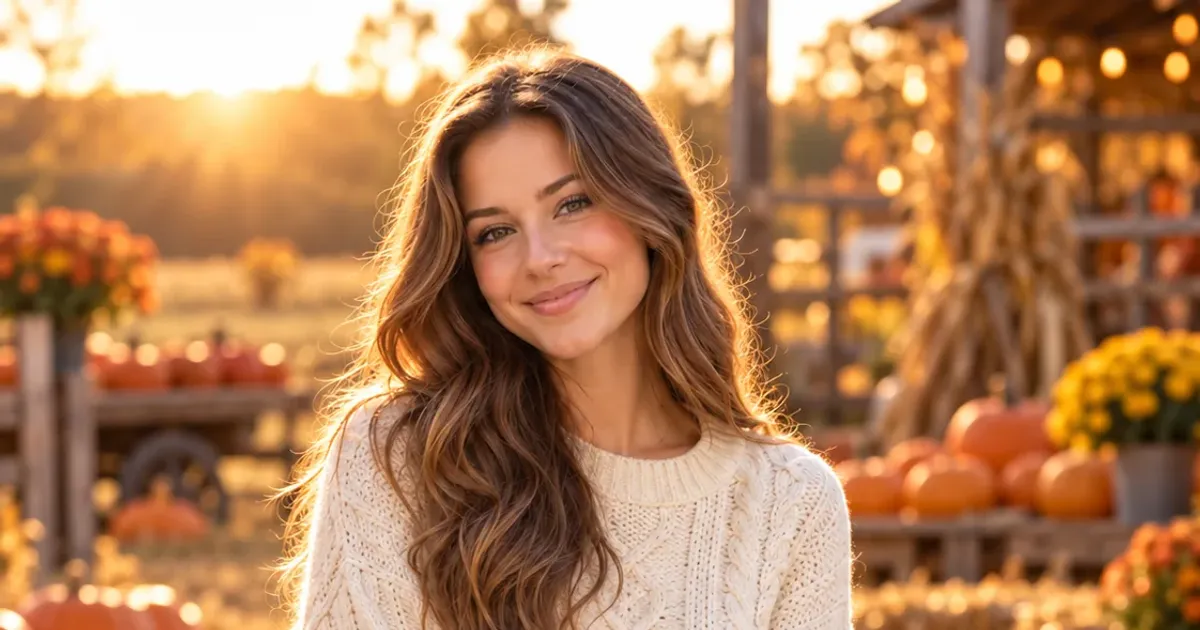 Smiling woman with long wavy hair in a cream knit sweater at a pumpkin patch at golden hour.